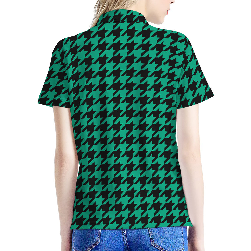 Jungle Green And Black Houndstooth Print Women's Polo Shirt