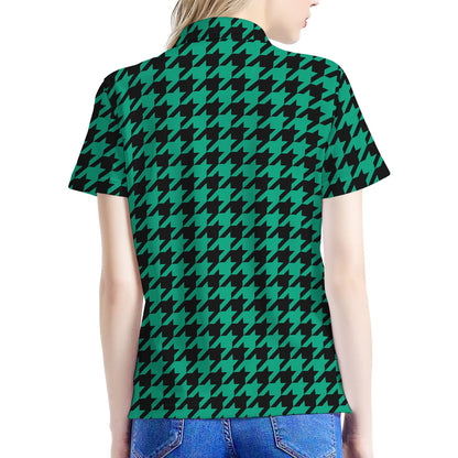 Jungle Green And Black Houndstooth Print Women's Polo Shirt