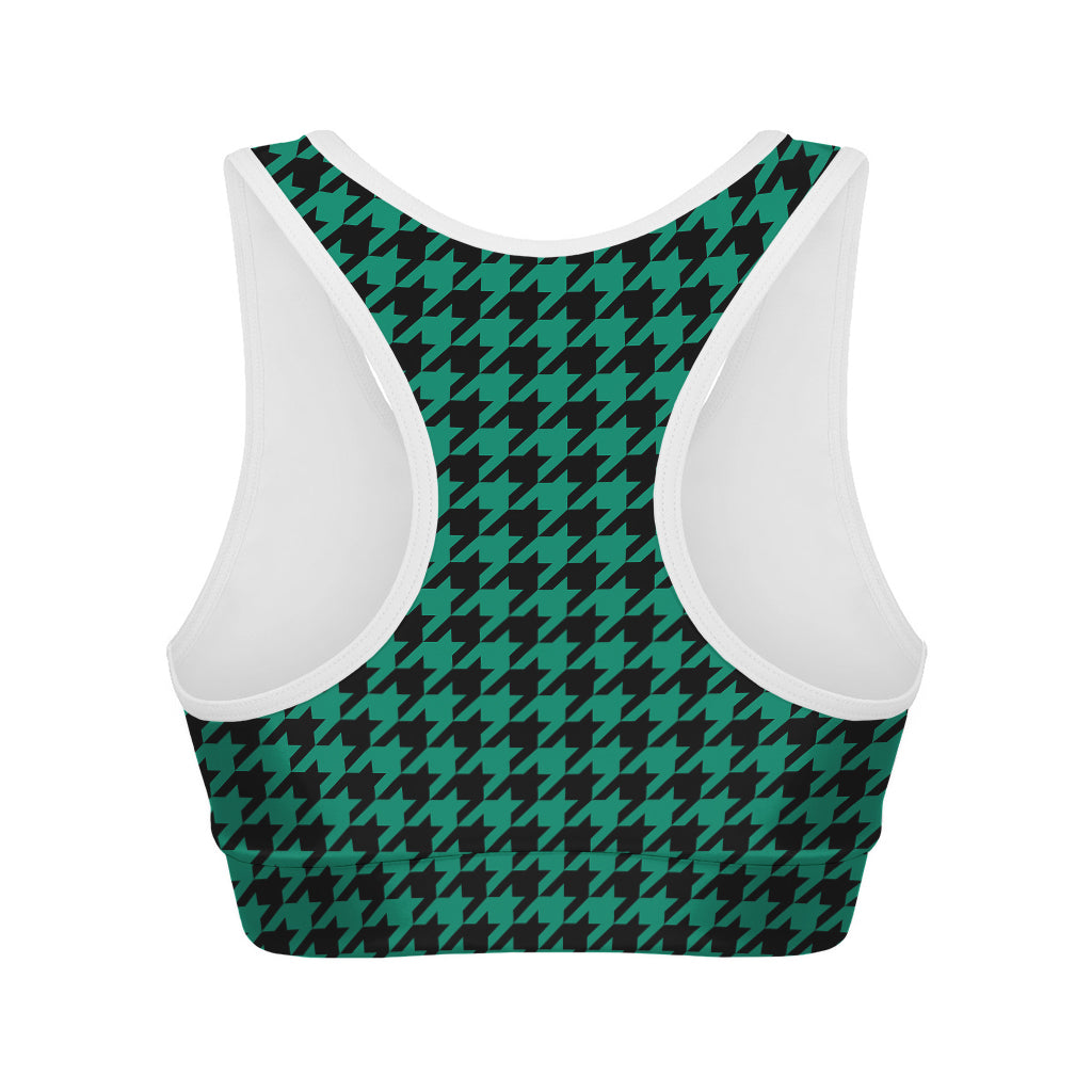 Jungle Green And Black Houndstooth Print Women's Sports Bra