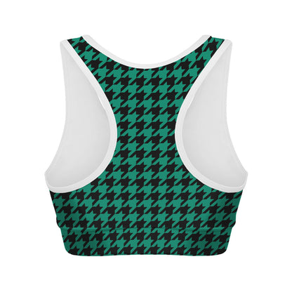 Jungle Green And Black Houndstooth Print Women's Sports Bra