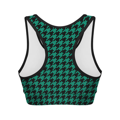 Jungle Green And Black Houndstooth Print Women's Sports Bra