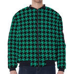 Jungle Green And Black Houndstooth Print Zip Sleeve Bomber Jacket