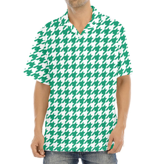 Jungle Green And White Houndstooth Print Aloha Shirt