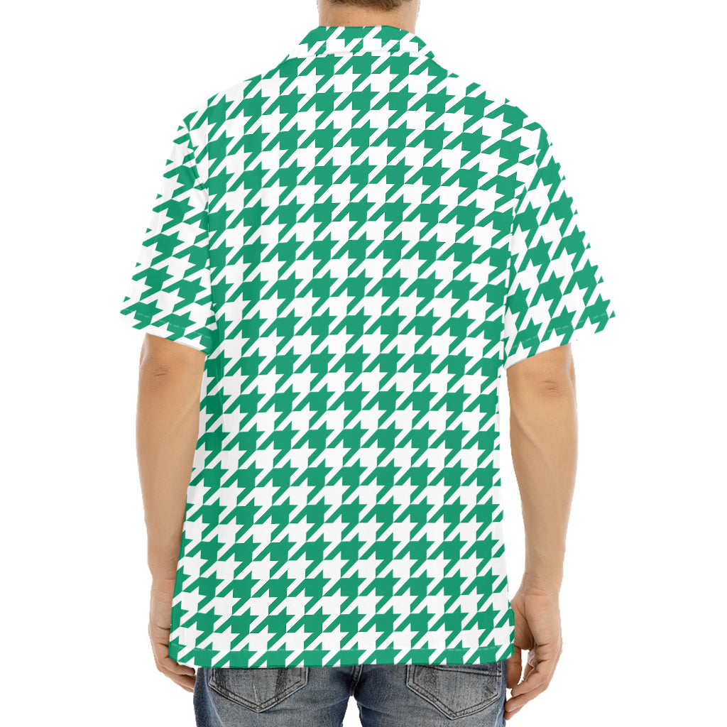 Jungle Green And White Houndstooth Print Aloha Shirt