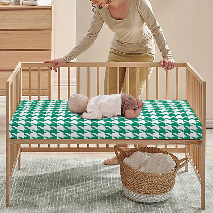 Jungle Green And White Houndstooth Print Baby Crib Sheet