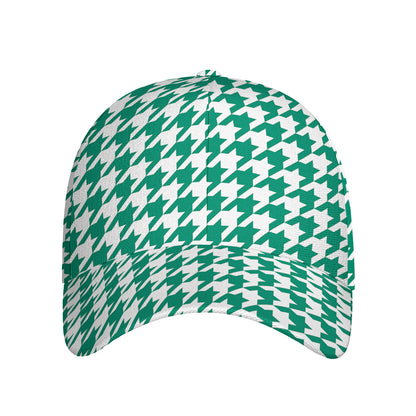 Jungle Green And White Houndstooth Print Baseball Cap