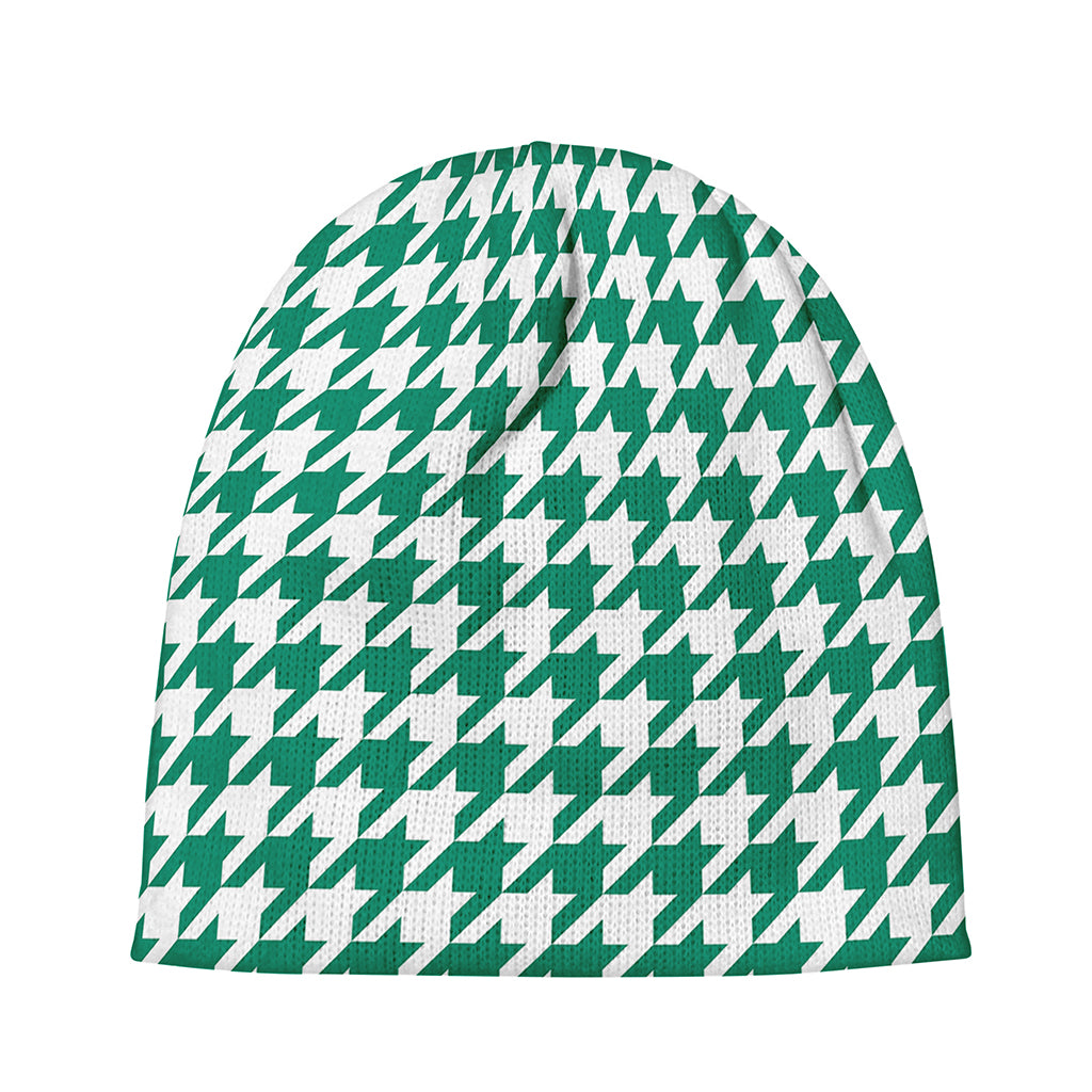 Jungle Green And White Houndstooth Print Beanie