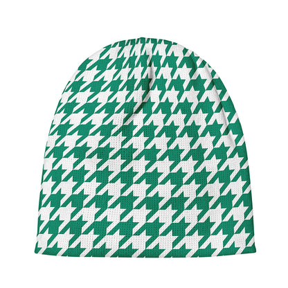 Jungle Green And White Houndstooth Print Beanie