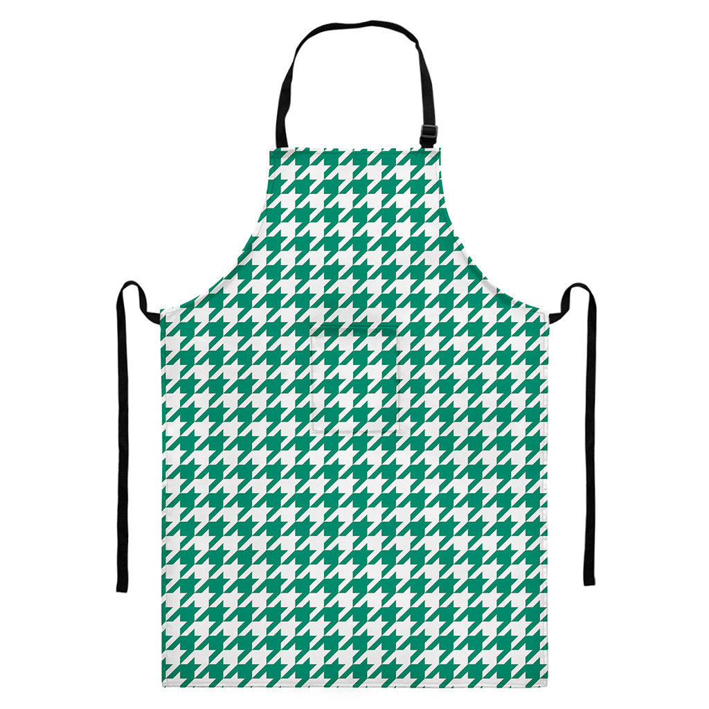Jungle Green And White Houndstooth Print Bib Apron With Pocket