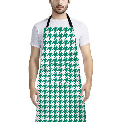 Jungle Green And White Houndstooth Print Bib Apron With Pocket