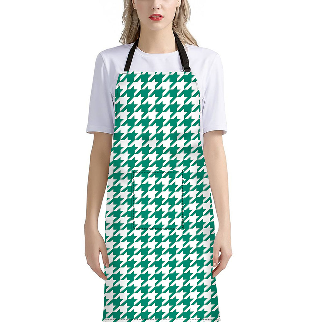 Jungle Green And White Houndstooth Print Bib Apron With Pocket