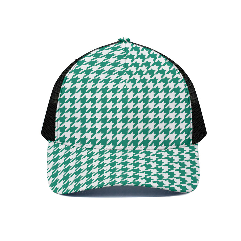 Jungle Green And White Houndstooth Print Black Mesh Trucker Cap