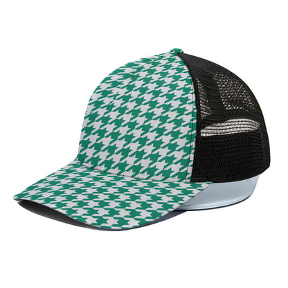 Jungle Green And White Houndstooth Print Black Mesh Trucker Cap