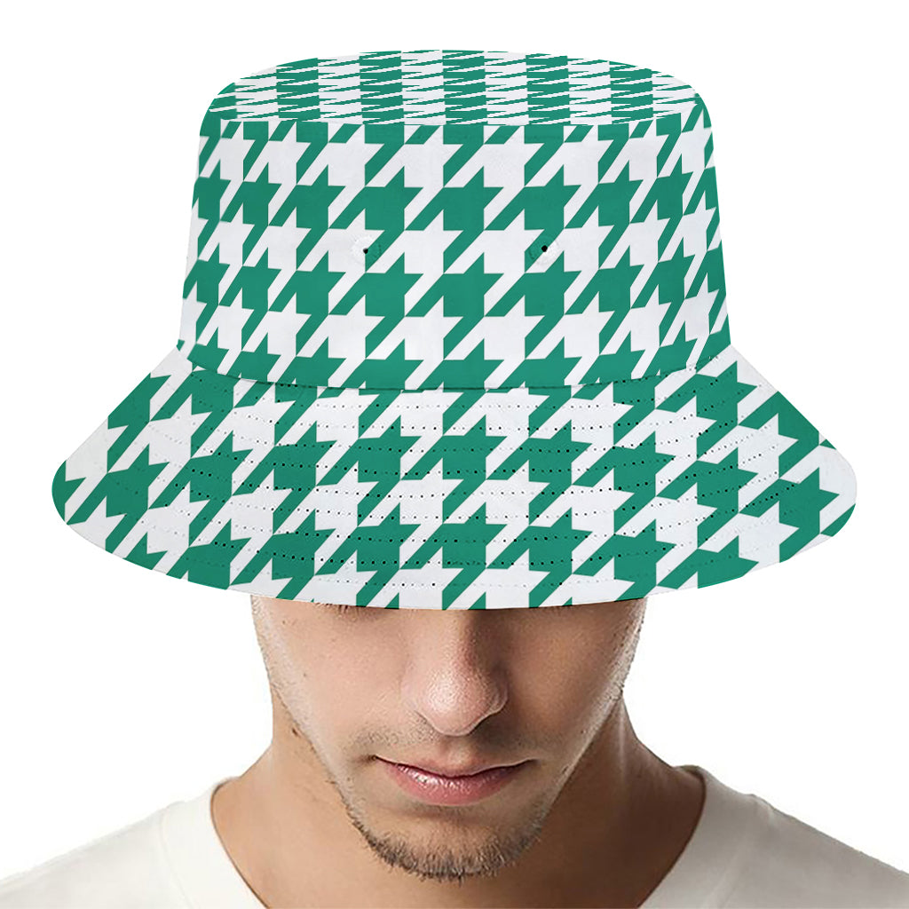 Jungle Green And White Houndstooth Print Bucket Hat