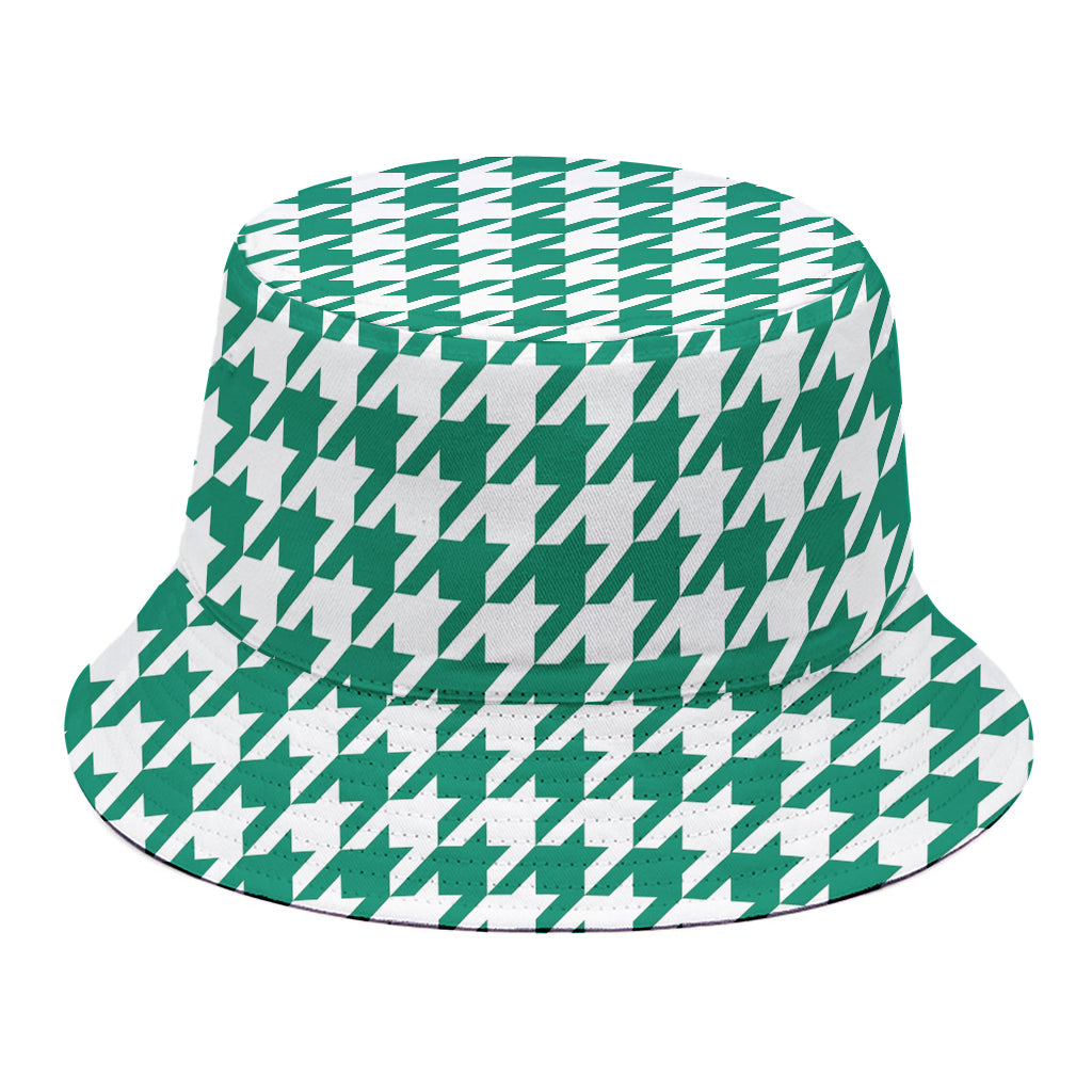 Jungle Green And White Houndstooth Print Bucket Hat