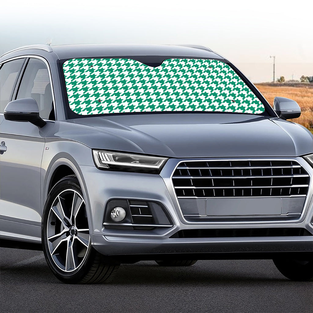 Jungle Green And White Houndstooth Print Car Windshield Sun Shade