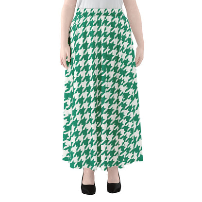 Jungle Green And White Houndstooth Print Chiffon Maxi Skirt