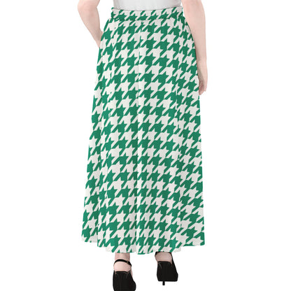 Jungle Green And White Houndstooth Print Chiffon Maxi Skirt