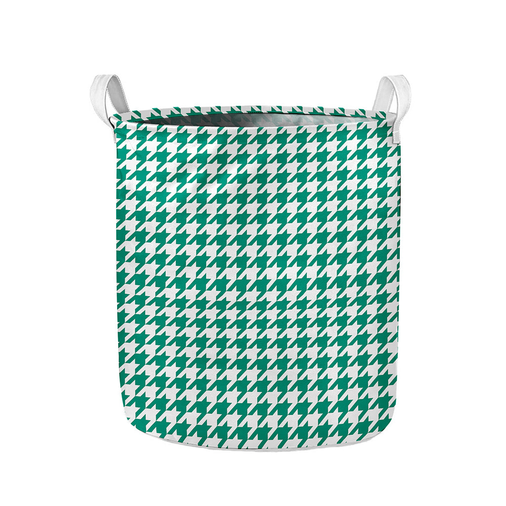 Jungle Green And White Houndstooth Print Collapsible Laundry Basket