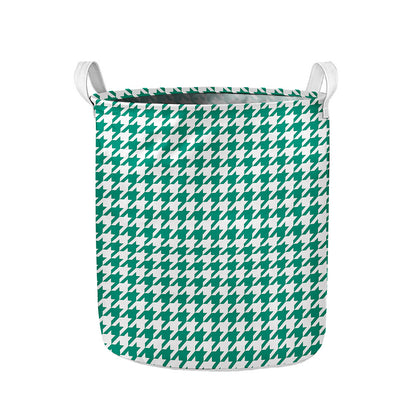 Jungle Green And White Houndstooth Print Collapsible Laundry Basket