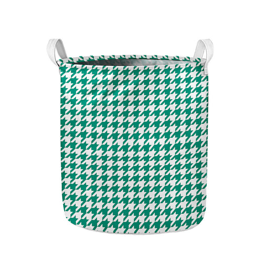 Jungle Green And White Houndstooth Print Collapsible Laundry Basket