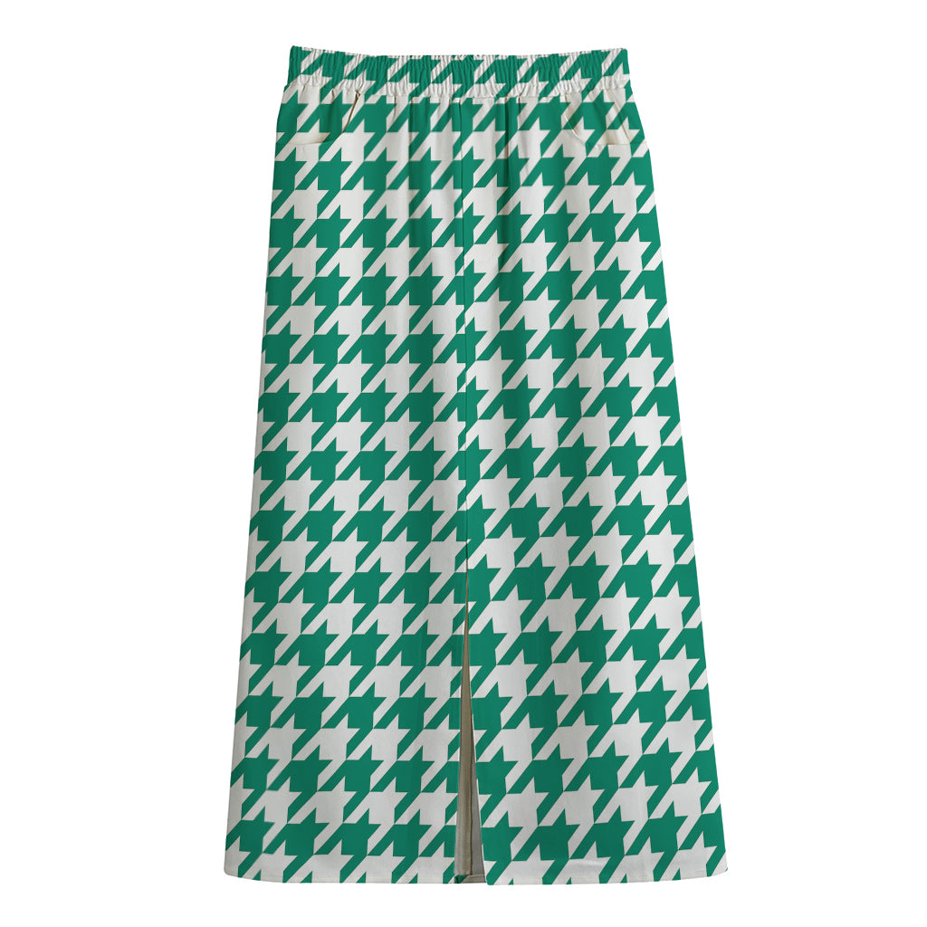 Jungle Green And White Houndstooth Print Cotton Front Slit Maxi Skirt