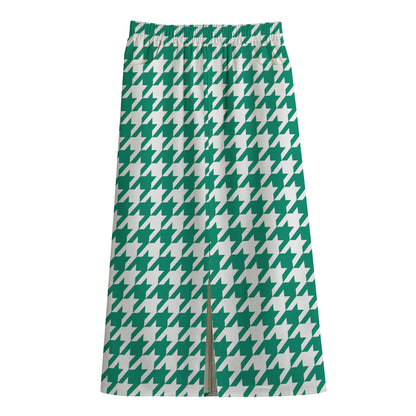 Jungle Green And White Houndstooth Print Cotton Front Slit Maxi Skirt