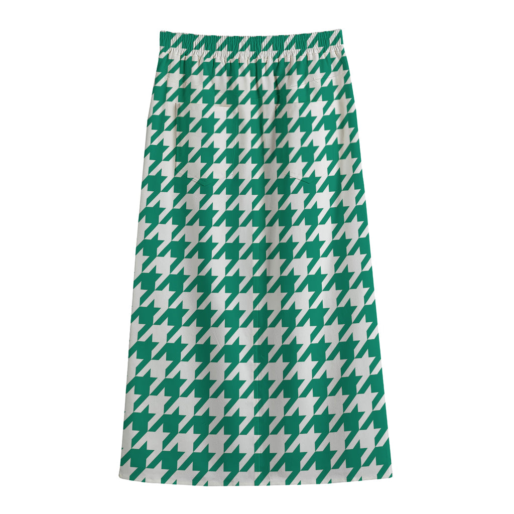 Jungle Green And White Houndstooth Print Cotton Front Slit Maxi Skirt