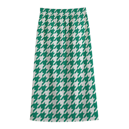 Jungle Green And White Houndstooth Print Cotton Front Slit Maxi Skirt