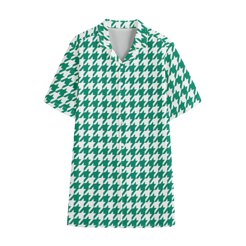 Jungle Green And White Houndstooth Print Cotton Hawaiian Shirt