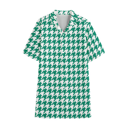 Jungle Green And White Houndstooth Print Cotton Hawaiian Shirt