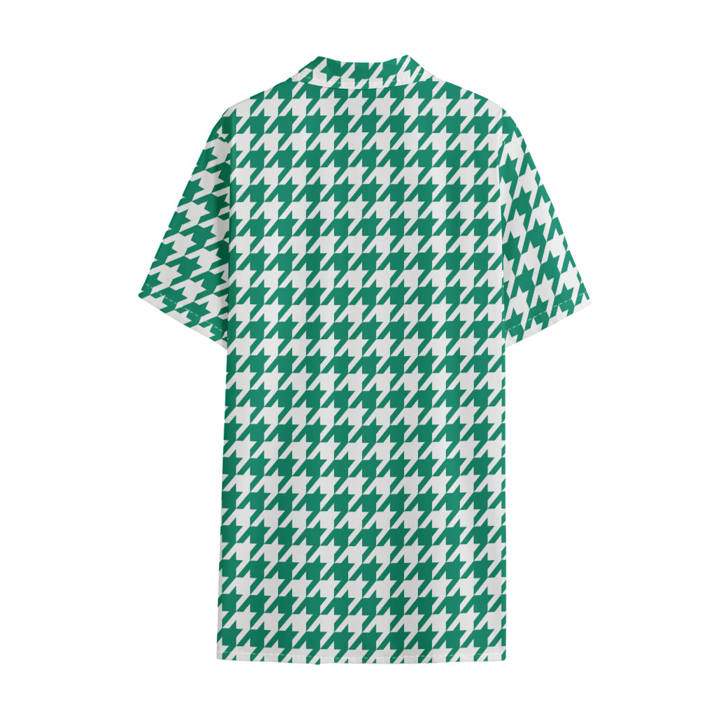 Jungle Green And White Houndstooth Print Cotton Hawaiian Shirt