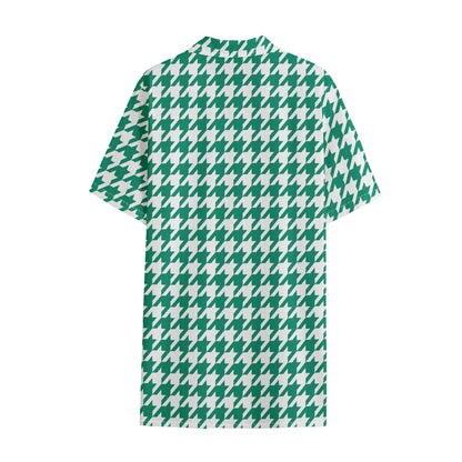 Jungle Green And White Houndstooth Print Cotton Hawaiian Shirt