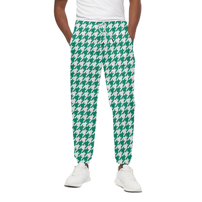 Jungle Green And White Houndstooth Print Cotton Pants