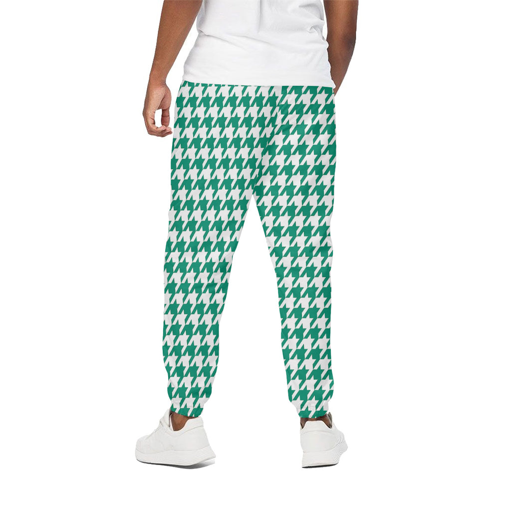 Jungle Green And White Houndstooth Print Cotton Pants