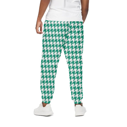 Jungle Green And White Houndstooth Print Cotton Pants