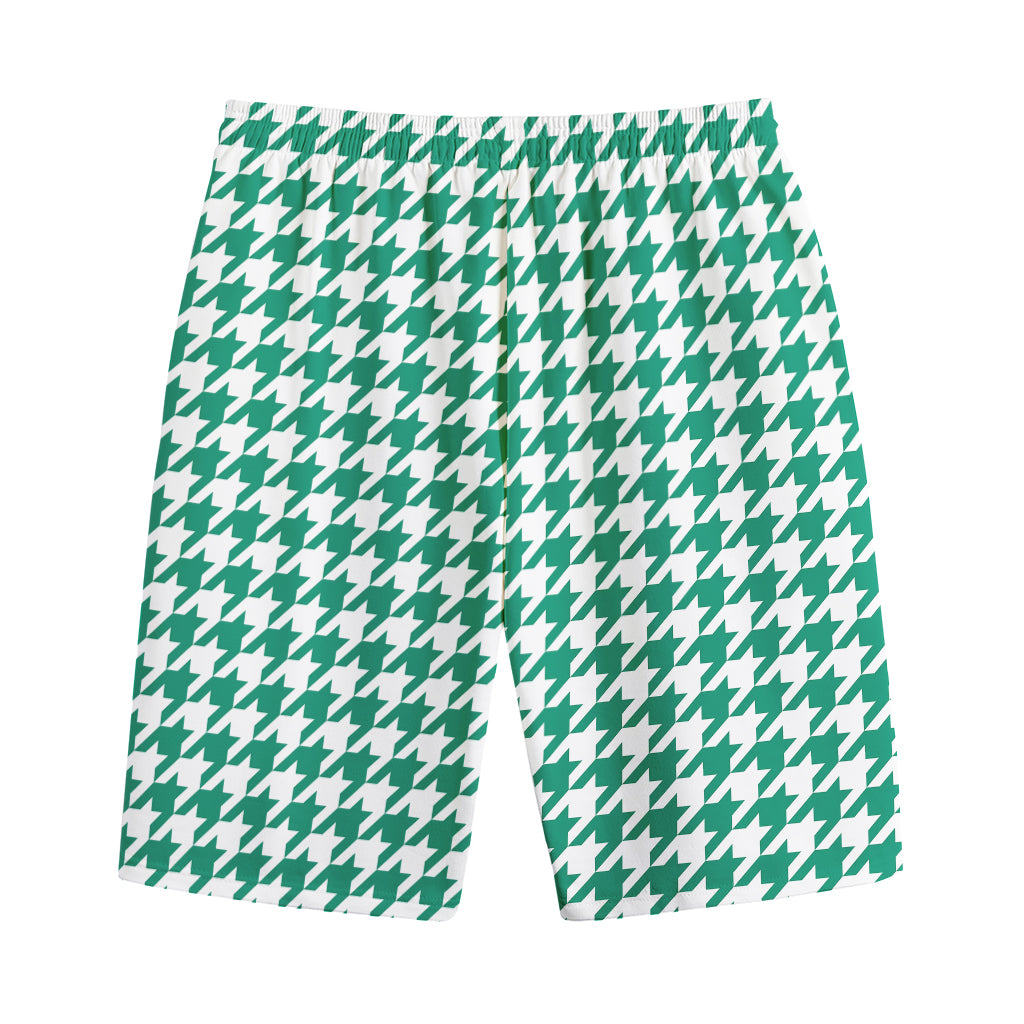 Jungle Green And White Houndstooth Print Cotton Shorts