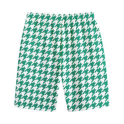 Jungle Green And White Houndstooth Print Cotton Shorts