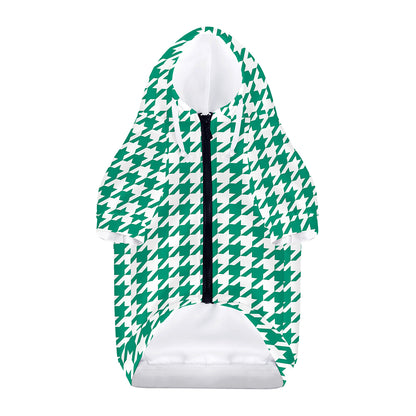 Jungle Green And White Houndstooth Print Dog Zip Up Hoodie