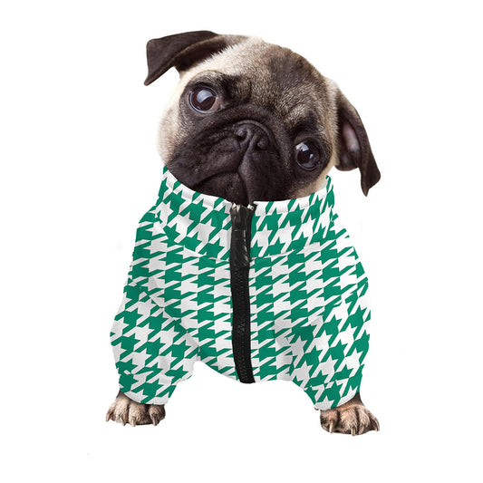 Jungle Green And White Houndstooth Print Dog Zip Up Jacket