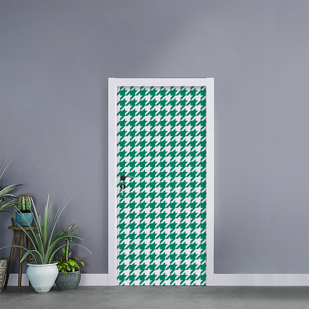 Jungle Green And White Houndstooth Print Door Sticker