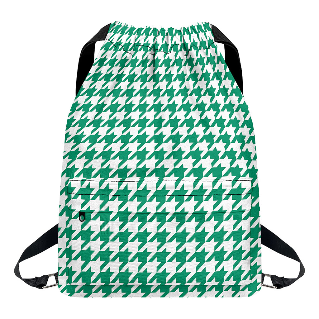 Jungle Green And White Houndstooth Print Drawstring Backpack