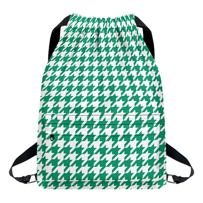 Jungle Green And White Houndstooth Print Drawstring Backpack