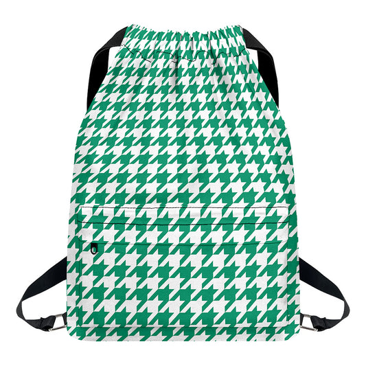 Jungle Green And White Houndstooth Print Drawstring Backpack