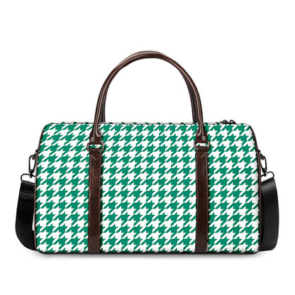 Jungle Green And White Houndstooth Print Duffle Bag