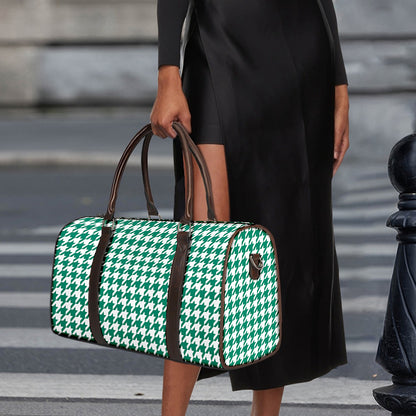 Jungle Green And White Houndstooth Print Duffle Bag