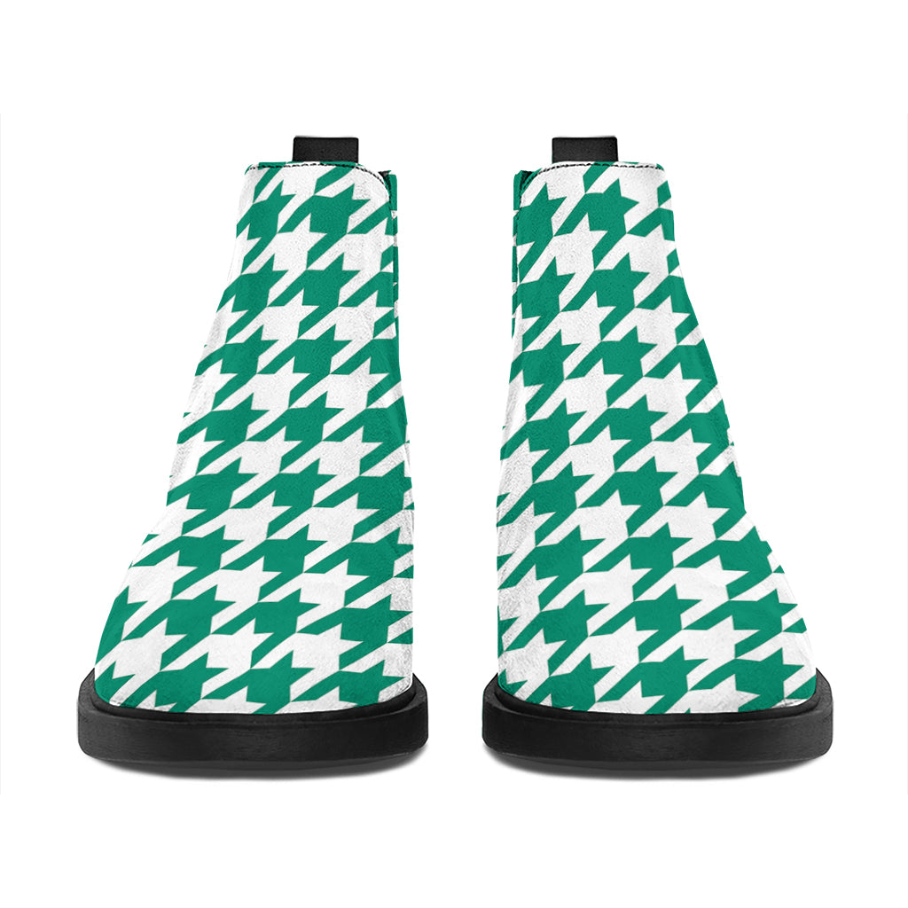 Jungle Green And White Houndstooth Print Flat Ankle Boots