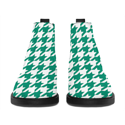 Jungle Green And White Houndstooth Print Flat Ankle Boots