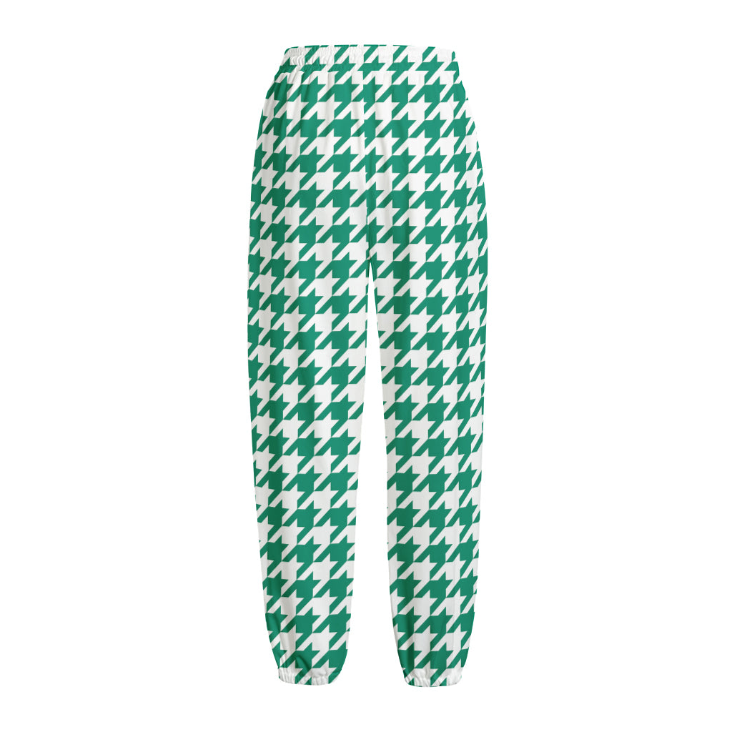 Jungle Green And White Houndstooth Print Fleece Lined Knit Pants