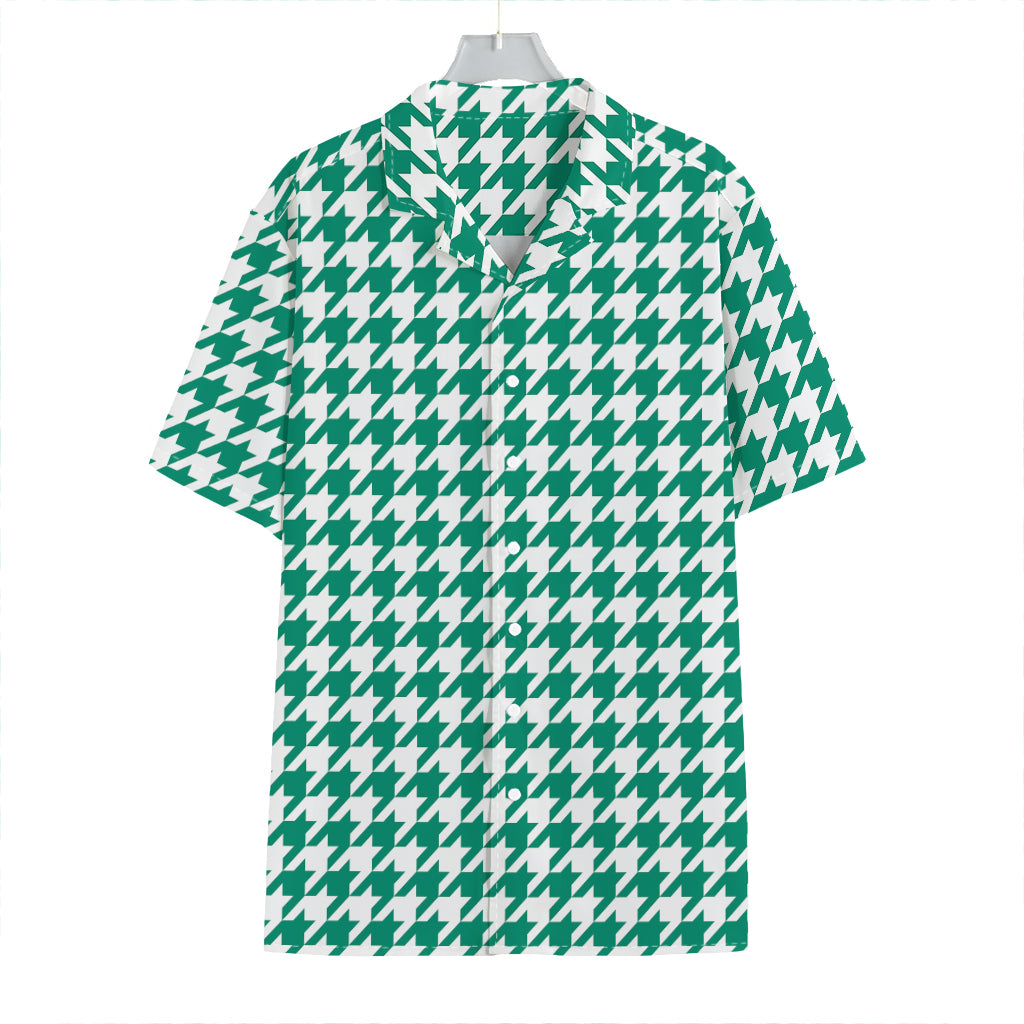 Jungle Green And White Houndstooth Print Hawaiian Shirt